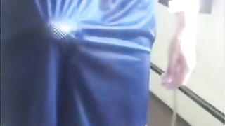 He is pulling the skin up and down, in his pant and cums