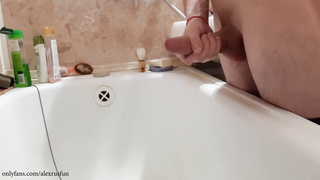 Russian Teenager with Fat Meatpipe Pees in the Douche and Jizzes