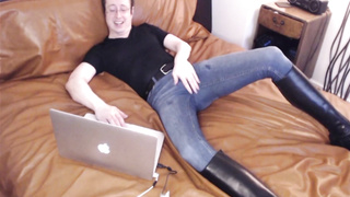 I spunk in my denim and tall shoes observing pornography on my leather sofa