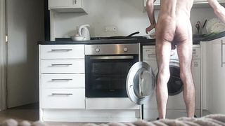 Nude spectacular fur covered dude making breakfast