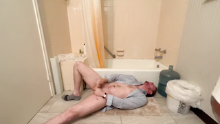 Wanking on His Back on the Shower Floor - Draining in my Blue Tee-Shirt and Socks - BlondNBlue222