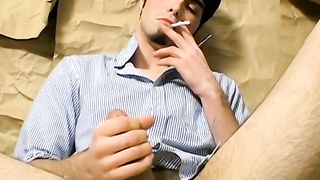 Youthful chain smoker jacking and draining his ginormous cut weenie