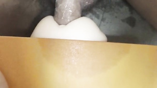 Petite jizz-shotgun milking with oversize rubber on masculine solo