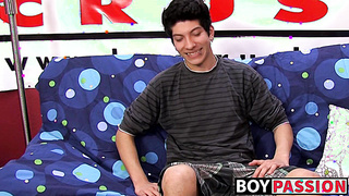 Interviewed young twink jerks off his big dick and cums