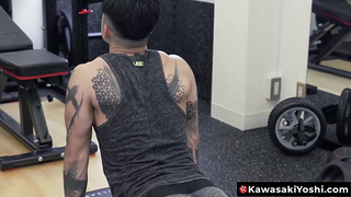 KawasakiYoshi.com - Japanese jock Yoshi Kawasaki intense dildo training play in the gym