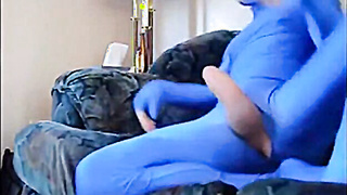 Hooded Fellow in Blue Zentai Suit Masturbates Meaty Chisel