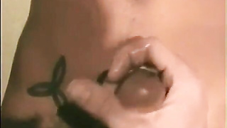 Toying with his thick knob and jizzing stiff all over