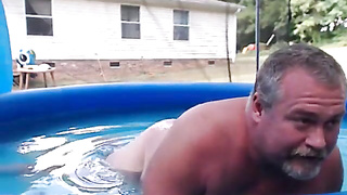 Bearded Parent Plays Nude by the Pool