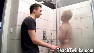 Youthful fellow pokes with his twunk beau in the bathroom