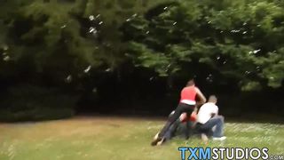 Outdoor queer ass-fuck and deep throat 4 way with youthful lads