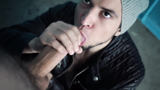 Biker Deep Throats my Xxl Pecker in the Stairwell.